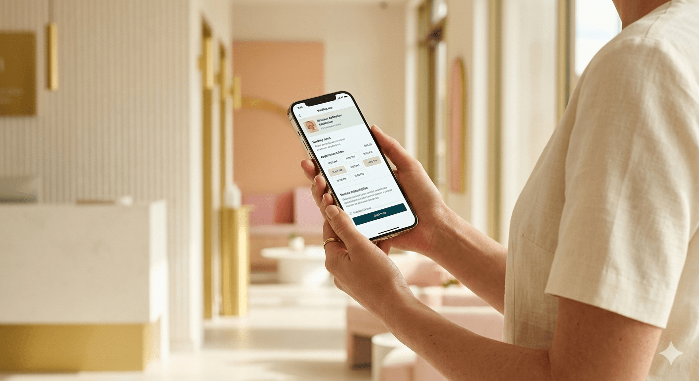 Skincare practitioner using Skincoach booking app on phone